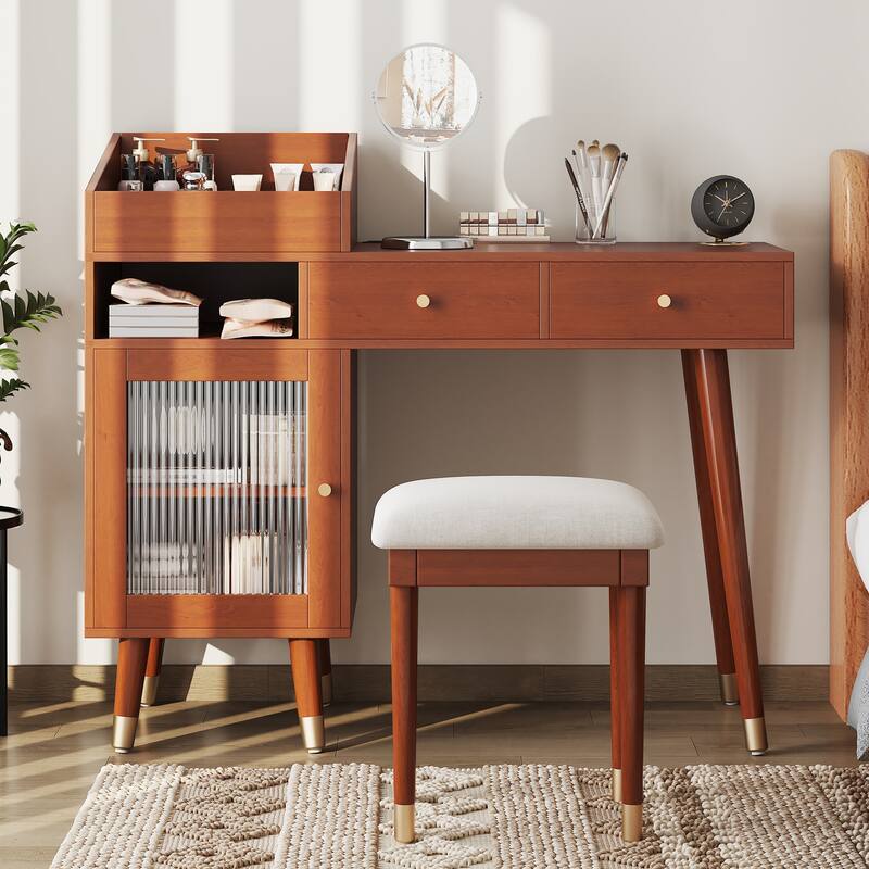 Space-saving Makeup Vanity Desk with Outlets and USB Ports, Bedroom Dressing Table Set with Stool