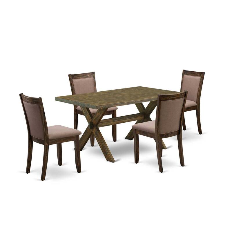 HomeStock 5-Piece Distressed Jacobean Finish Solid Wood Top Dining Table with 4-Parson Chair