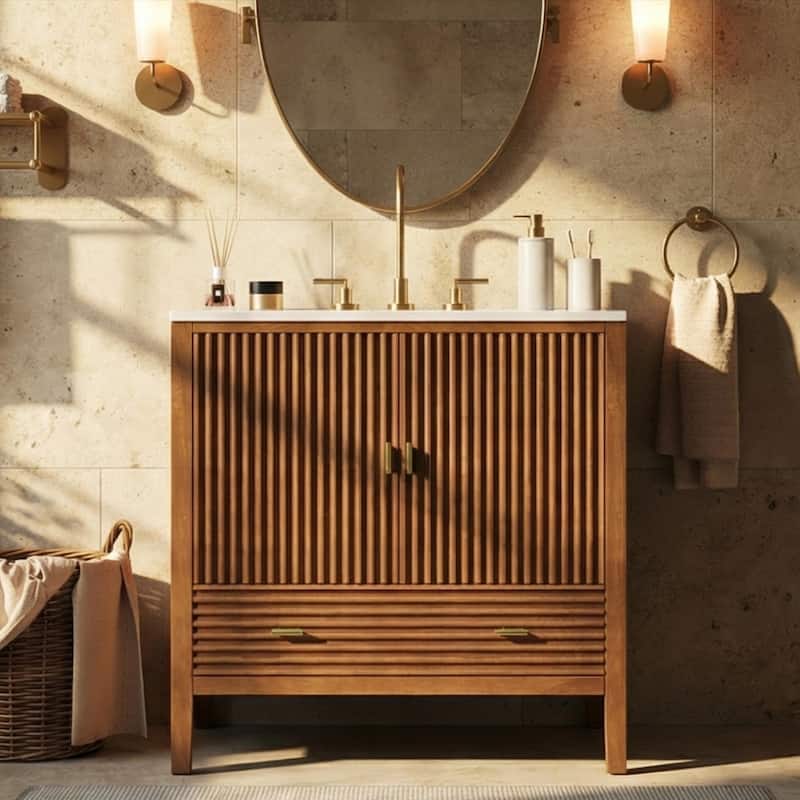 Christopher Knight Home - Mid-Century Freestanding Bathroom Vanity with Ceramic Sink, Flip-Up & Dual Drawers - 30"W - Walnut Finish
