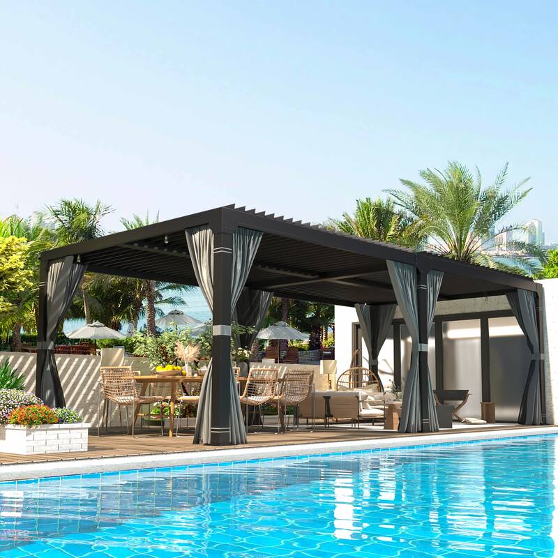 EROMMY 12x20 Adjustable Metal Roof Gazebo, Louvered Pergola for Outdoor Use, Includes Curtains and Netting for Patio - 12' x 20' - Black