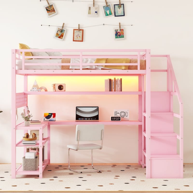 Full Size Metal Loft Bed with Staircase, Wardrobe, Desk, Storage Shelves, LED Lights, and Charge Station, Pink