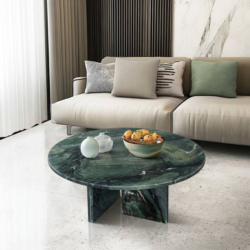 Roomfitters Round Natural Marble Coffee Table, Genuine Stone Living Room Table, Real Marble