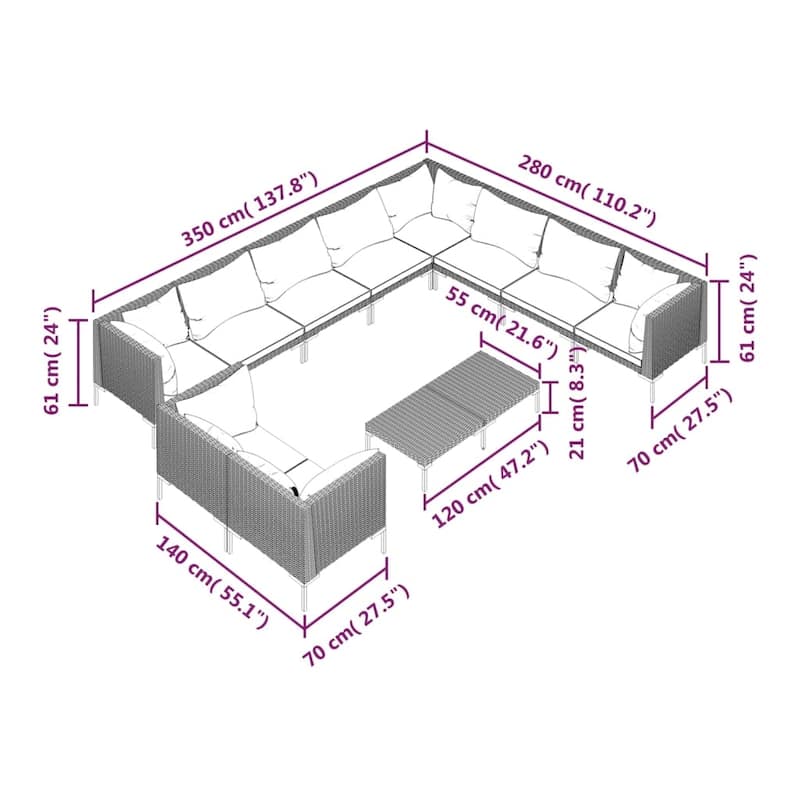 vidaXL Patio Lounge Set Outdoor Sectional Corner Sofa Poly Rattan Dark Grey - 27.6" x 27.6" x 24"