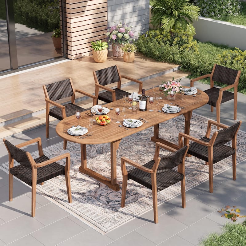 MAISON ARTS 7/9-Piece Acacia Wood Outdoor Dining Set for 6/8, Expandable Table with Wicker Chairs, Farmhouse Patio Furniture