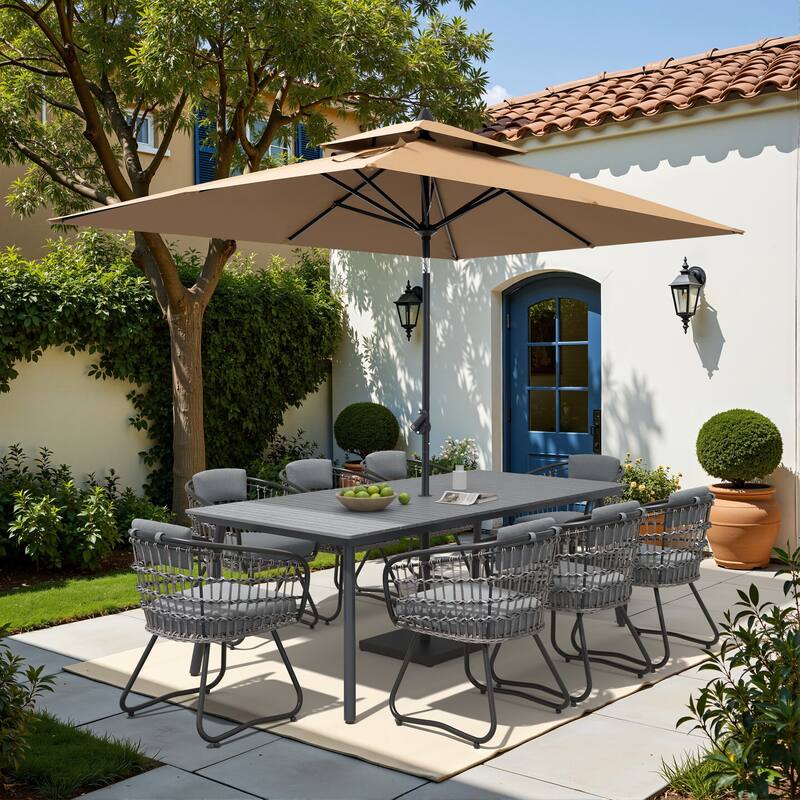9/11-piece Outdoor Dining Set w/ Umbrella and Base Aluminum Dining Table and PE Rattan Wicker Chairs