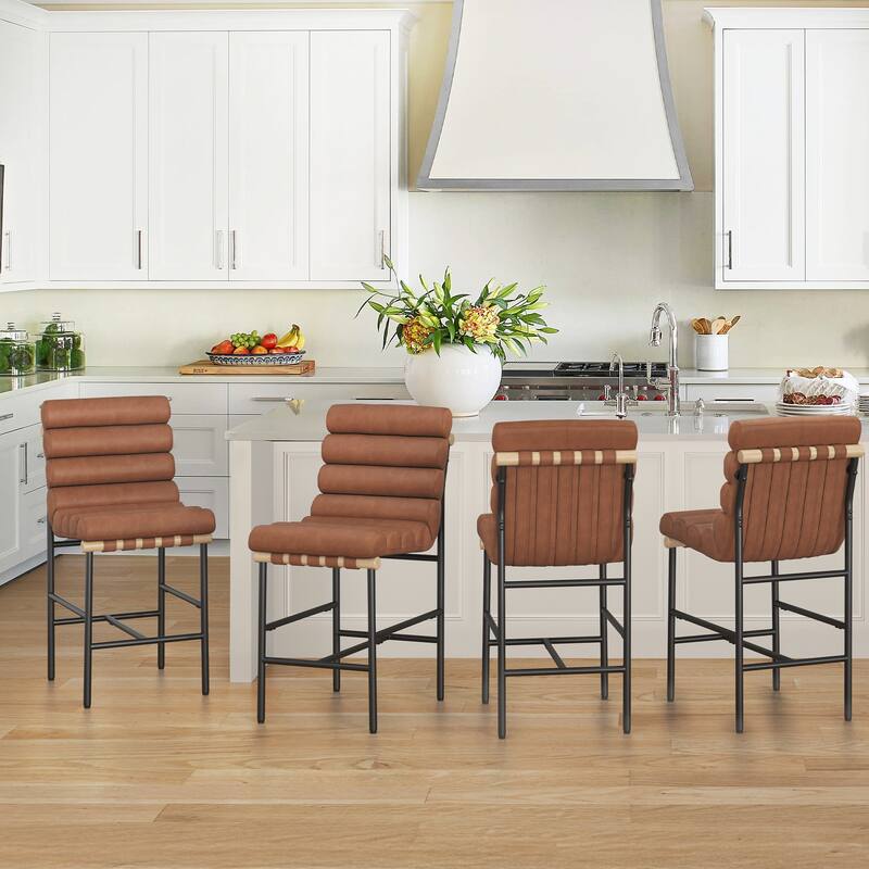 26" Counter Height Solid Wood and Metal Frame Barstool Upholstered Back Bar Stool for Kitchen Island - Brown/Faux Leather - Set of 4