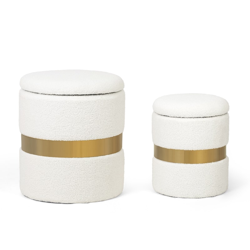 Adeco Set of 2 Velvet Storage Ottoman Round Foot Stool Metal Band
