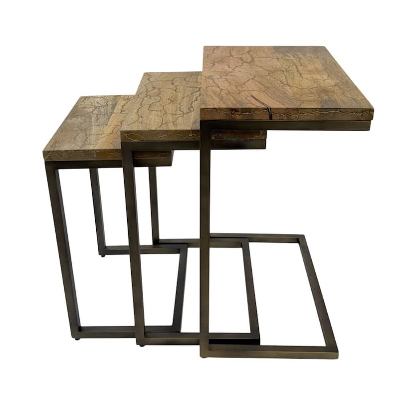Electra 3 Piece Square Nesting Table Set - Black Iron Frame and Electrified Wooden Top Accent Table