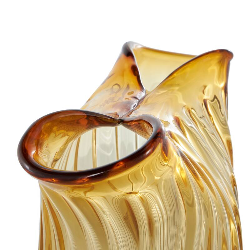 Orange Glass Ribbed Ombre Abstract Decorative Vase with Folded Curve Opening