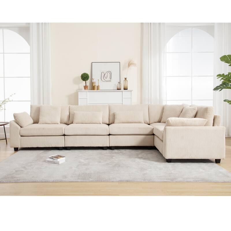 Oversized Modular Convertible Corduroy Fabric Sectional Sofa, Beige
