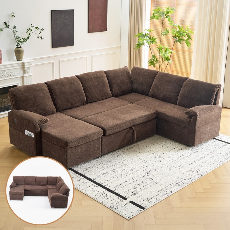 Upholstered Velvet U-Shaped Sectional Sleeper Sofa Corner Sectional Sofa Bed - Brown