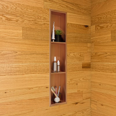 ALFI brand 8" x 36" Brushed Copper PVD Stainless Steel Vertical Triple Shelf Shower Niche - Mahogany