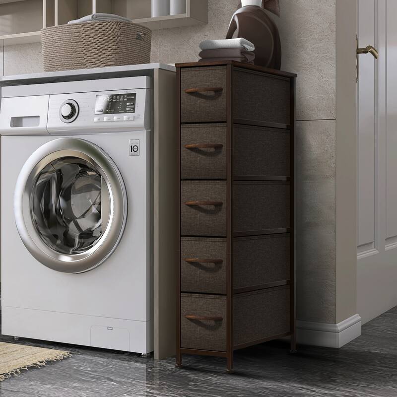 Sorbus Narrow Dresser with 5 Drawers - Vertical Slim Storage Chest of Drawers with Steel Frame, Wood Top & Easy Pull Fabric Bins