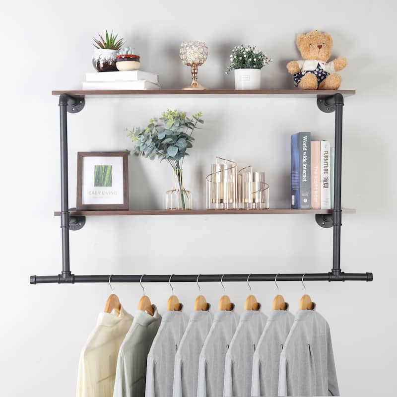 2 Tier Clothes Display Rack Pipe w/Wood Shelves for Garment Storage