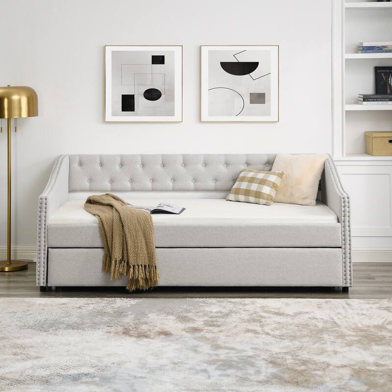 Upholstered Daybed Frame with Trundle & Tufted Backrest