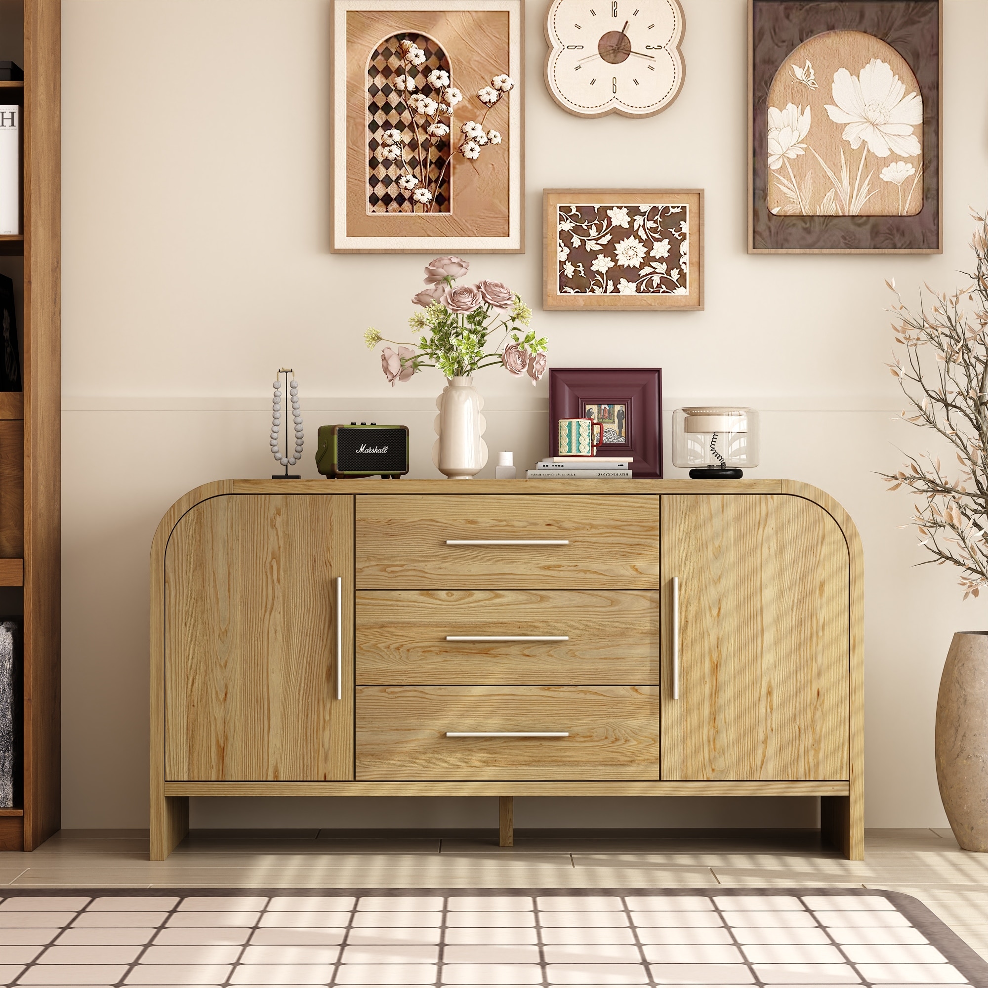 Rounded - corner Storage Cabinet: Light Wood Finish with a Soft