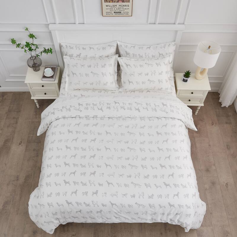 Printed Design Cotton Collection 400 Thread Count Grey Dog Duvet Set