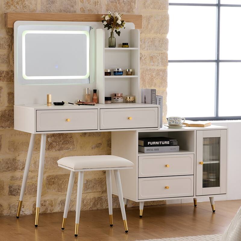 Modern Makeup Vanity Set with PU Cushioned Stool, Retractable Dressing Table Vanity Desk with Mirror, Light & Power Outlet