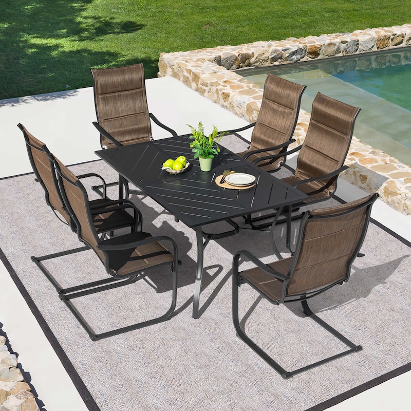 7-Piece Metal Padded Textilene Patio Dining Set with Umbrella Hole - Brown