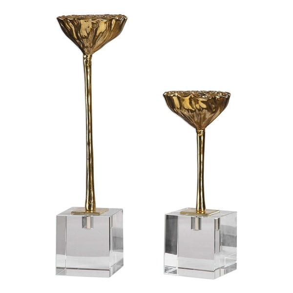 17" Set of 2 American Lotus Pod Gold Sculptures - N/A