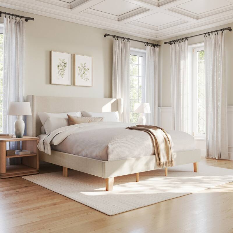 Martha Stewart Upholstered Platform Bed with Wingback Headboard - Beige - King