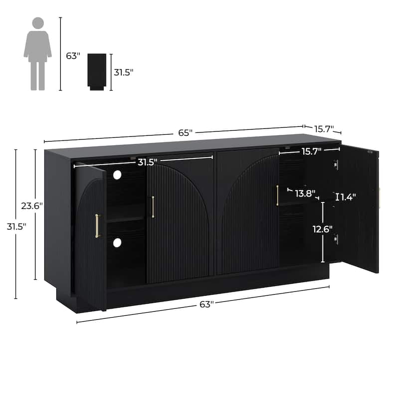 Mid-Century Fluted TV Stand with Storage Fits TVs up to 75", Entryway Console, Sideboard - 15.7"D x 65"W x 31.5"H