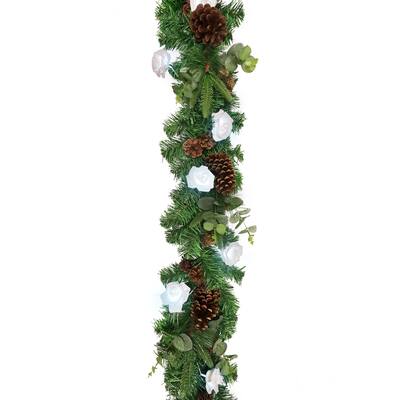 6ft Artificial Mixed Pine Cone Eucalyptus & Pine Christmas Garland with Rose String Light Set - 72" L x 7" W x 5" DP