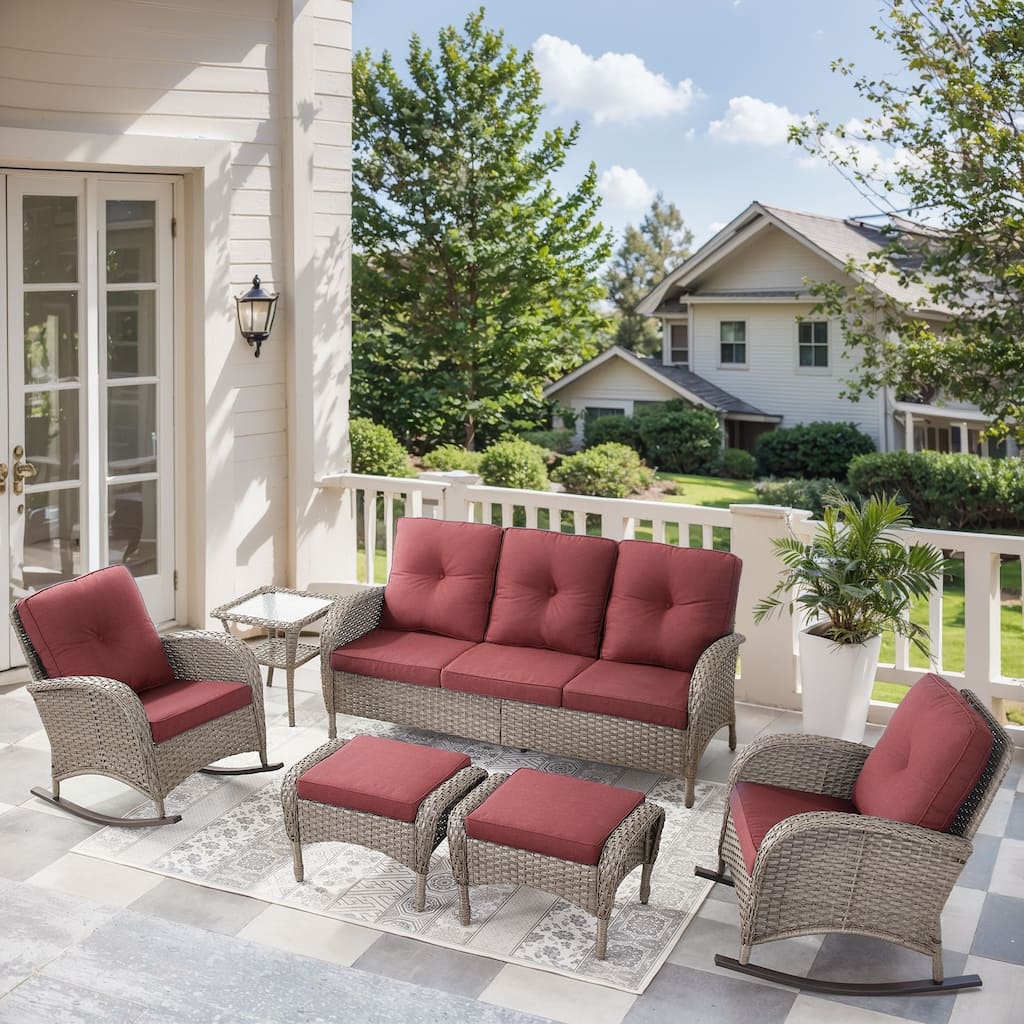 6 Pieces Rocker Chairs Sofa Table Ottomans Grey-Red - Grey