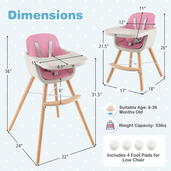 dimension image slide 1 of 3, Babyjoy 3 in 1 Convertible Wooden High Chair Baby Toddler Highchair w/ - 20.5" x 21.5" x 36"
