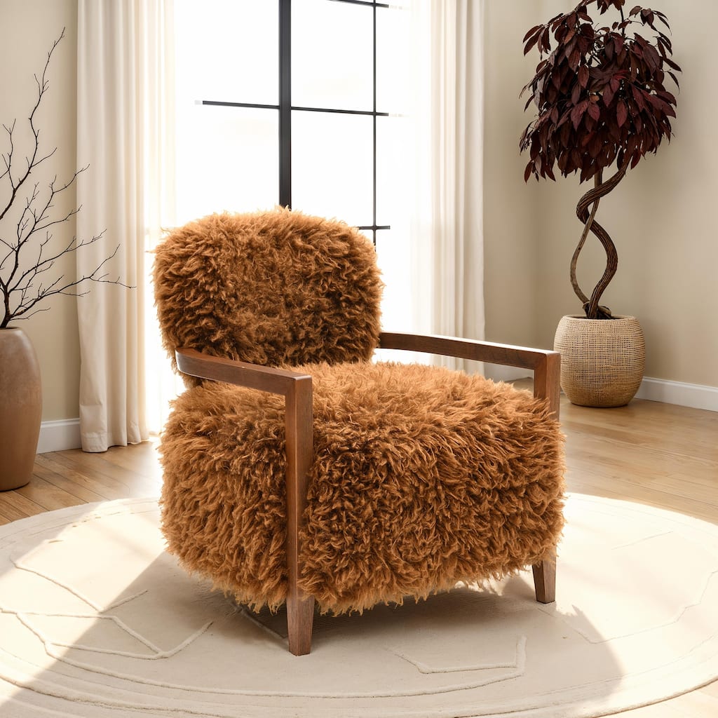 1pc Accent Chair Raked Wooden Arms Tight Back And Seat Soft Faux Fur Contemporary Living Room Furniture