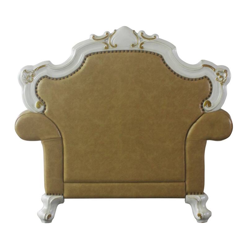 Leatherette Chair with Diamond Stitching and Carvings, White and Beige