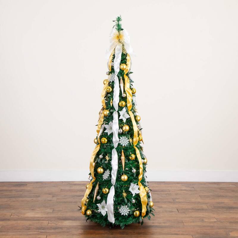 6-ft Pre-Lit Pop up Christmas Tree with Gold & Silver Ornaments