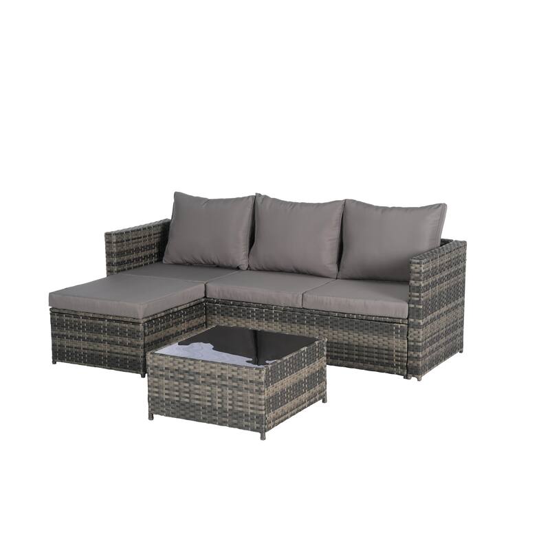 2-Pieces Outdoor Patio L-Shaped Sectional Sofa Set with Glass Coffee Table