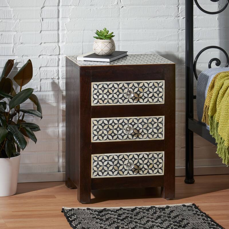 Mango Wood Nightstand, Buffalo Bone Inlay Finish Beside Sofa Table, Black Beside Sofa Table, 3 Drawers with Crystal-like Knobs