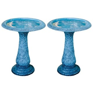 XBrand Set of 2 Glazed Finish Bird Baths w/ Tall Round Pedestal and Base, 23.6 Inch Tall, Blue