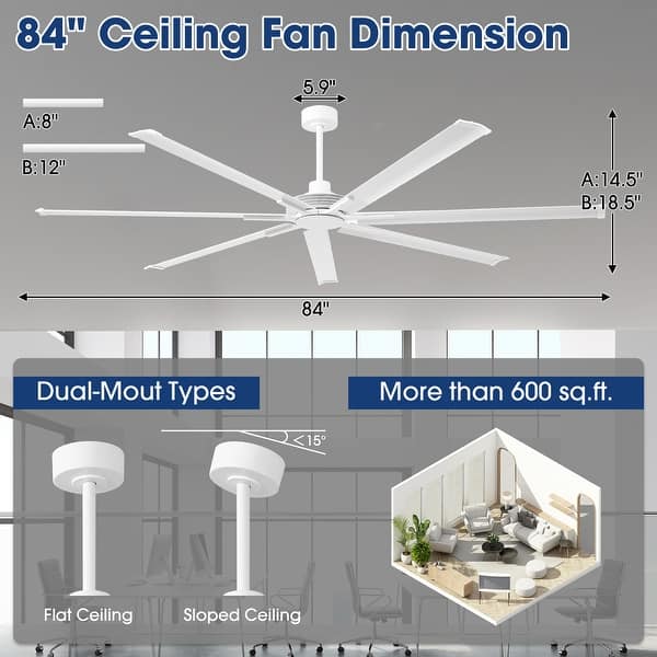 dimension image slide 0 of 3, 84" Industrial Aluminum Warehouse Black Extra Large Ceiling Fan with Remote - 84" Big Ceiling Fan