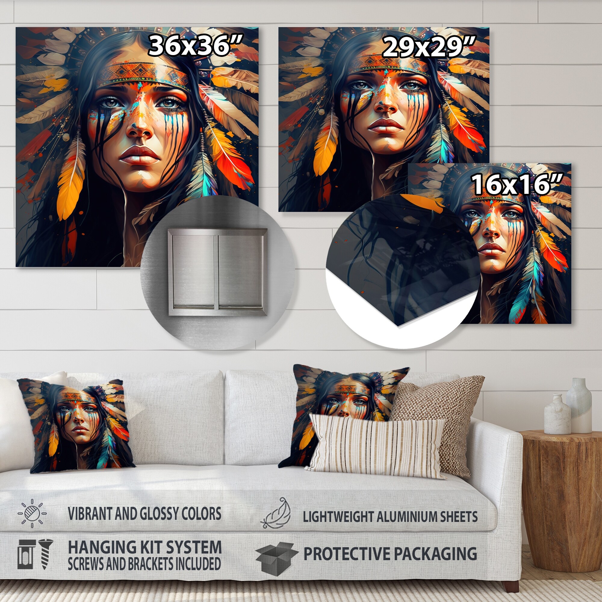 Designart Colorful Native American Woman VI Native American Woman Portrait Metal Wall Art 23 in. wide x 23 in. high