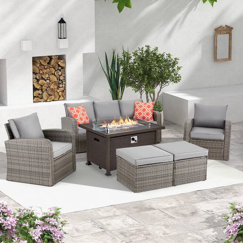 6-Piece Rattan Patio Set with Fire Pit Table, Outdoor Conversation Set with Cushions, Weather-Resistant Sofa Sectional