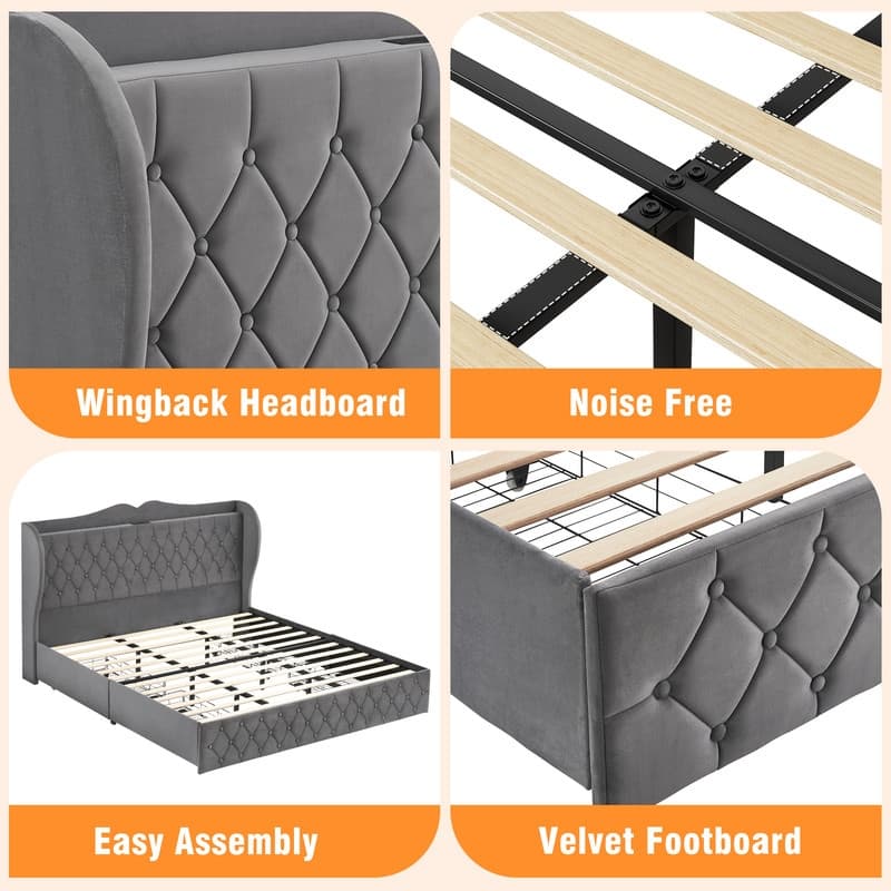 Bed Frame with Sturdy Metal Slats Support