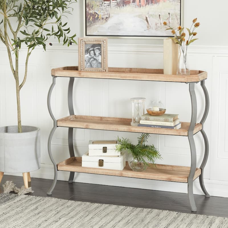 Wood 2 Shelves Console Table with Bowed Gray Metal Legs - Brown - Roche River Decor