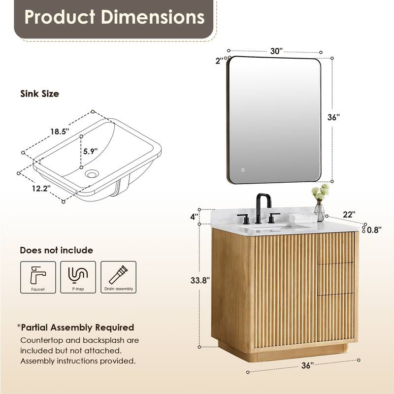 Clayton Bathroom Vanity in Washed Light Brown with Grain White Engineered Stone Countertop with Mirror