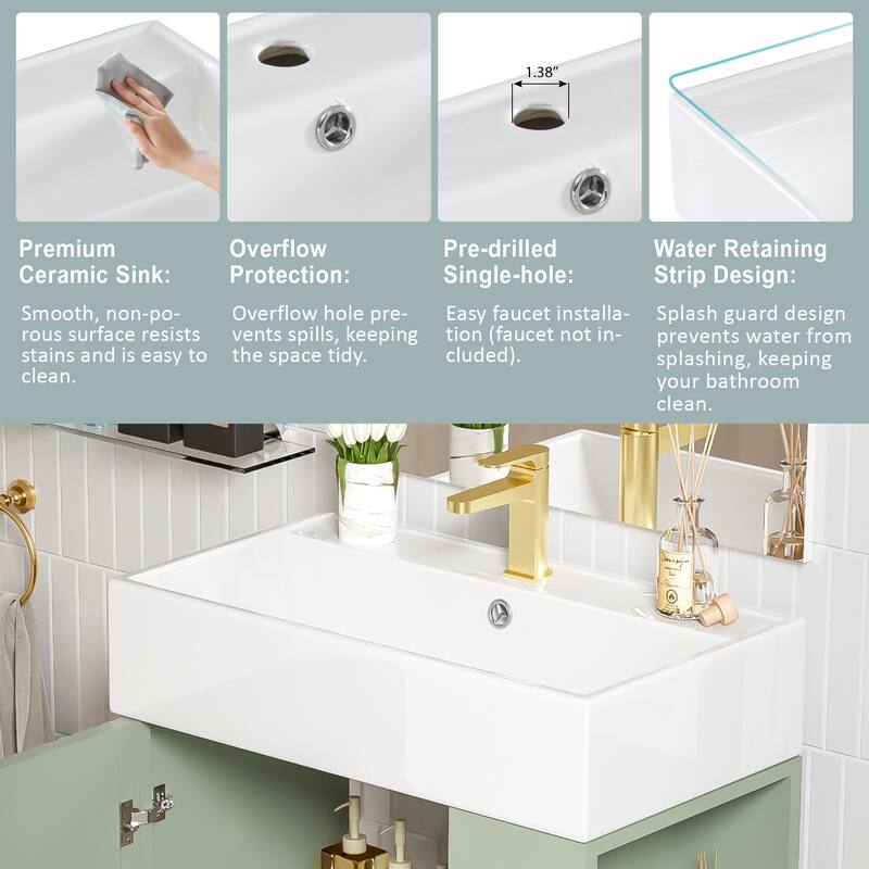 Bathroom Vanity With Combo Cabinet And Single Ceramic Sink, Right Side Storage, 21.6 Inches