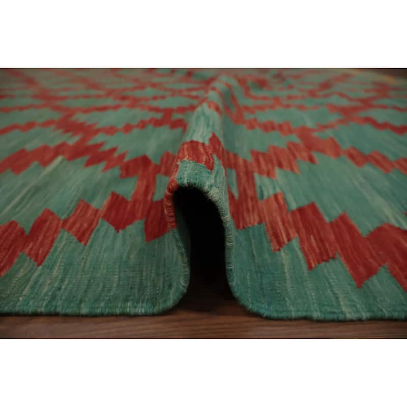 Hand Woven Oriental 100% Wool Carpet Southwestern All-Over Green Kilim Area Rug - 14' 5'' X 11' 3''