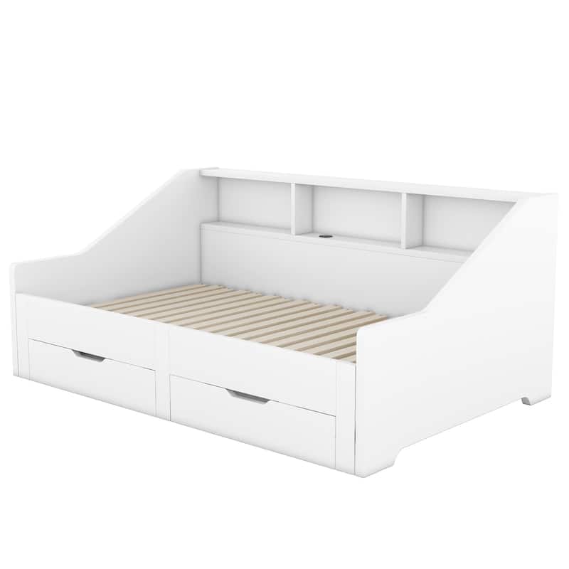 Twin to King Size Daybed Frame with Storage Bookcases and 2 Drawers,Charging Design, White