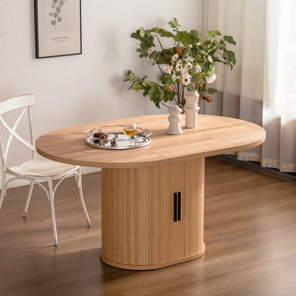 Oval Dining Table for 4-6 People, Wooden Kitchen Dining Table, Dining Table with 2 Layer Storage Shelf & Slide Door