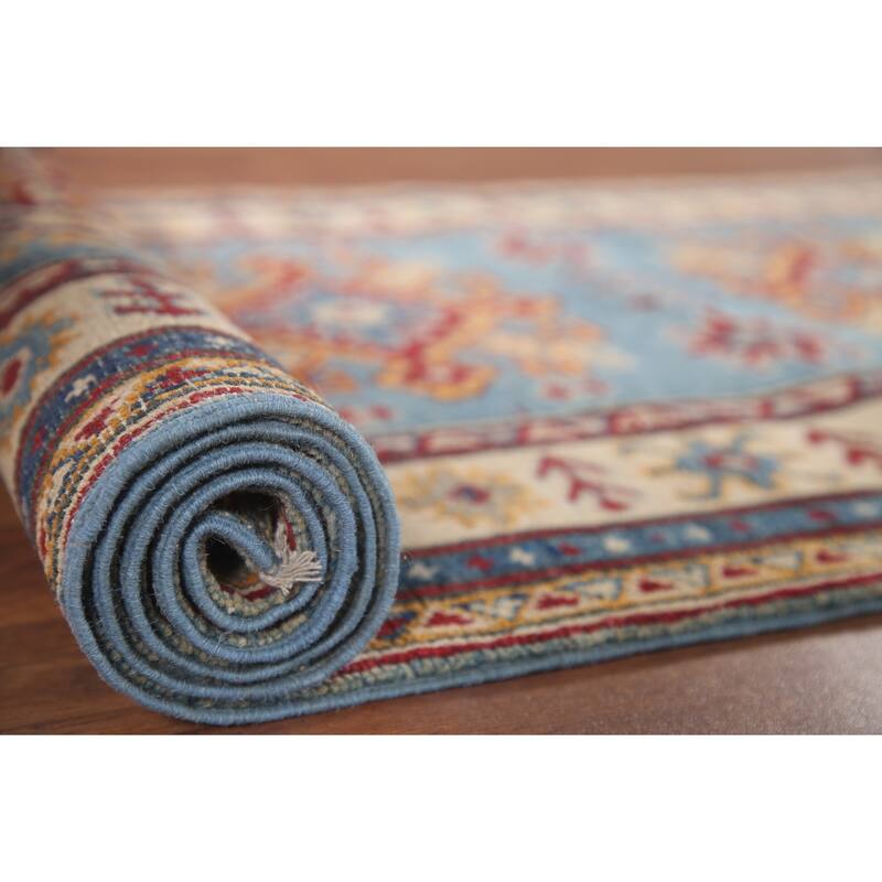 Hand Knotted Oriental 100% Wool Carpet Traditional Geometric Navy Blue & Blues Kazak Runner Rug - 9' 0'' X 2' 9''