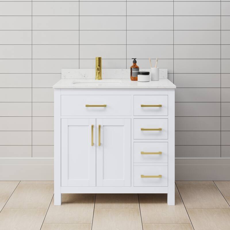Wyndham Collection WCG242436S-UNSMXX Beckett 36" Free Standing Single - White / Carrara Cultured Marble Top / Brushed Gold
