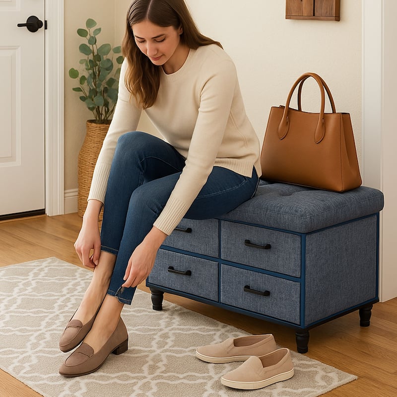 30 Inch Storage Ottoman With Four Drawers For Organized Home Use Storage