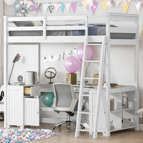 slide 2 of 20, Contemporary Design Twin Size Loft Bed with U-shaped Desk, Drawers and Multiple Storage Shelves, Study or Leisure Space, White White