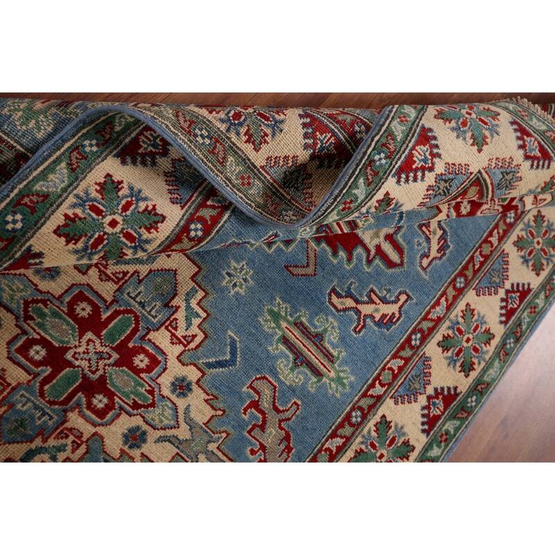 Blue Geometric Kazak Oriental Accent Rug Handmade Wool Carpet - 4'0" x 5'10"
